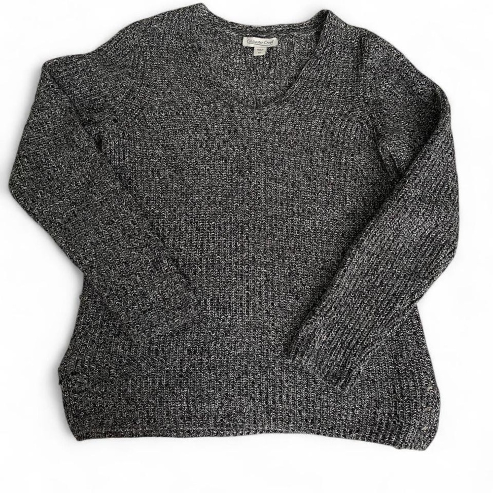 Coldwater Creek 100% Cotton Tweedy Gray V-Neck Pullover Resort